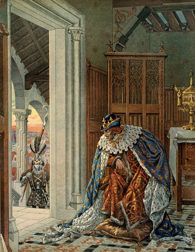 Frankrigs historie i middelalderen (middelalderen): Kongen af Frankrig Ludvig XI siger, at den forsigtige (1423-1483) er bange for, at døden kommer i rustning på dørtrinnet. Illustration af Jacques Marie Gaston Onfray de Breville dit JOB (1858-1931) af pseudonym for Onfray de Breville Jacques Job