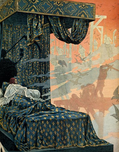 Frankrigs historie i middelalderen (middelalderen): Kongen af Frankrig Ludvig XI sagde, at den forsigtige (1423-1483) havde ængstelige mareridt, før de døde. Illustration af Jacques Marie Gaston Onfray de Breville dit JOB (1858-1931) af pseudonym for Onfray de Breville Jacques Job