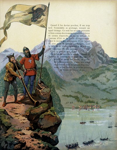Frankrigs historie i middelalderen: Tropperne fra Charles the Temeraire (1433-1477), hertugen af Bourgogne, går ind i Vauds land i Schweiz. Illustration af Jacques Marie Gaston Onfray de Breville dit JOB (1858-1931) af pseudonym for Onfray de Breville Jacques Job