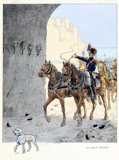 Illustration fra bogen “A la gloire des betes”” tekst af A Fabre, tegninger af Jacques Marie Gaston Onfray de Breville dit JOB (1858-1931), forlag Maison Alfred Mame et fils: Mitraillepudlen (simpel puddel i 2. artilleri) regiment, han var th af pseudonym for Onfray de Breville Jacques Job
