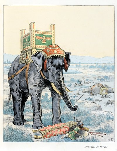 Illustration fra bogen "In the Glory of the Beasts"" tekst af A Fabre, tegninger af Jacques Marie Gaston Onfray de Breville siger JOB (1858-1931), udgiver Maison Alfred Mother and Son: The Elephant of Porus (I slaget ved Hydaspe). i 328 f.Kr. besejrede Por af pseudonym for Onfray de Breville Jacques Job