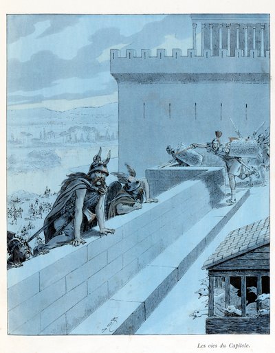 Illustration fra bogen "A la Glory des Betes"" tekst af A Fabre, tegninger af Jacques Marie Gaston Onfray de Breville dit JOB (1858-1931), redaktør Maison Alfred Mame et fils: Les goies du Capitole (890 f.Kr.), les Gallernes belejring af Rom, delvis samlin af pseudonym for Onfray de Breville Jacques Job