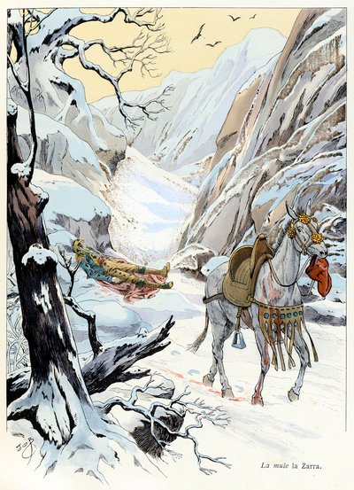 Illustration fra bogen "A la gloire des betes"" tekst af A Fabre, tegninger af Jacques Marie Gaston Onfray de Breville dit JOB (1858-1931), forlægger Maison Alfred Mame og søn: La mule 