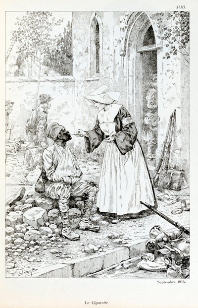 Illustration fra bogen "La Grande Guerre par les artistes"": "" La cigarette Septembre 1914""" religiøse giver en cigaret til en såret soldat af Jacques Marie Gaston Onfray de Breville dit JOB (1858-1931), Delvis Samling af pseudonym for Onfray de Breville Jacques Job