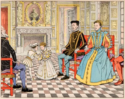 Illustration fra bogen "Le bon roy Henri", illustreret af Jacques Marie Gaston Onfray de Breville dit JOB (1858-1931): Antoine de Bourbon tog ham med til Paris og præsenterede ham for sin fætter Henri II, som rakte ham hånden af sin datter Marguerite de af pseudonym for Onfray de Breville Jacques Job