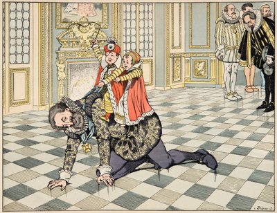 Illustration fra bogen “Le bon roy Henri”, illustreret af Jacques Marie Gaston Onfray de Breville dit JOB (1858-1931): Foran den spanske ambassadør leger Henri IV med sine børn - Privat samling af pseudonym for Onfray de Breville Jacques Job
