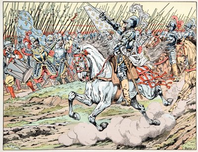 Illustration taget fra bogen “” Le bon roy Henri””, illustreret af Jacques Marie Gaston Onfray de Breville dit JOB (1858-1931): Henri IV før sin hær: Følg mon plume blanc - Privat samling af pseudonym for Onfray de Breville Jacques Job