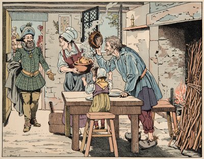Illustration taget fra bogen “Le bon roy Henri””, illustreret af Jacques Marie Gaston Onfray de Breville dit JOB (1858-1931): Henri IV i bønderne, at spise kyllingen i gryden - Privat samling af pseudonym for Onfray de Breville Jacques Job