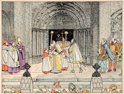 Illustration hentet fra bogen "Le bon roy Henri", illustreret af Jacques Marie Gaston Onfray de Breville dit JOB (1858-1931): Henri IV, Basilica Saint Denis afsværger sin religion og konverterer - Privat samling af pseudonym for Onfray de Breville Jacques Job