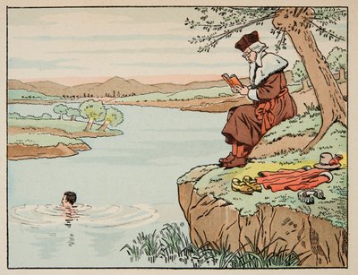 Illustration hentet fra bogen “Le bon roy Henri”, illustreret af Jacques Marie Gaston Onfray de Breville dit JOB (1858-1931): Uddannelse i det 16. århundrede: svømning - Privat samling af pseudonym for Onfray de Breville Jacques Job