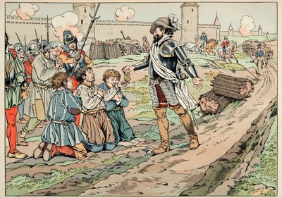 Illustration taget fra bogen “Le bon roy Henri””, illustreret af Jacques Marie Gaston Onfray de Breville dit JOB (1858-1931): Henri IV giver penge og befrier bønder, der forsøgte at indføre mad i Paris - Privat samling af pseudonym for Onfray de Breville Jacques Job