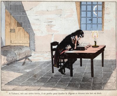 I Valencia (fængslet) benytter Napoleon sig af det til at studere Digest og blive meget stærk i jura - Napoleon læste Digeste og styrker sin viden om loven - litografi af Job (Jacques Onfroy de Breville) fra "" Le Grand Napoleon des Petites af pseudonym for Onfray de Breville Jacques Job