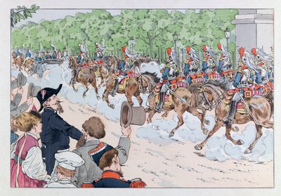Jacques Marie Gaston Onfray de Breville dit JOB (1858 - 1931); Illustration fra bogen "Les epees de France": Eskorte af kejser Napoleon 3 på Champs Elysees; Coll, del af pseudonym for Onfray de Breville Jacques Job