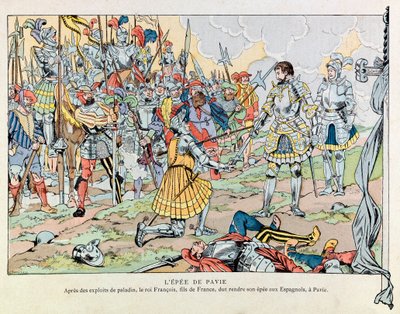Jacques Marie Gaston Onfray de Breville dit JOB (1858 - 1931); Illustration fra bogen "" Les epees de France"": Kong Francois 1. returnerer sit sværd til spanierne efter Pavias nederlag den 24. februar af pseudonym for Onfray de Breville Jacques Job