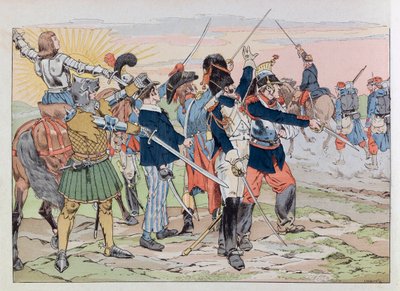 Jacques Marie Gaston Onfray de Breville kaldet JOB (1858 - 1931); Illustration fra bogen "Les epees de France": Allegori om Frankrigs herligheder til de behårede mennesker i 1914; Coll, Del af pseudonym for Onfray de Breville Jacques Job