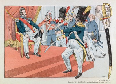 Jacques Marie Gaston Onfray de Breville dit JOB (1858 - 1931); Illustration taget fra bogen "" Les epees de France"": Louis Philippe (1773-1850) på tronen (Henri Monnier modtager nationalgardens insignier "" Denne sabel er den smukkeste af pseudonym for Onfray de Breville Jacques Job
