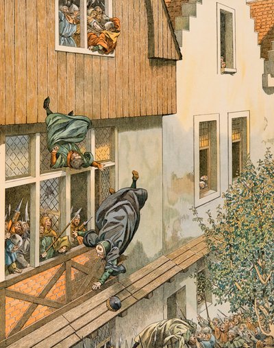 Jacques Marie Gaston Onfroy de Breville dit JOB (1858-1931) - Belgiens historie: Defenestrationen af Patrician Echevins fra Leuven i 1419, privat samling af pseudonym for Onfray de Breville Jacques Job