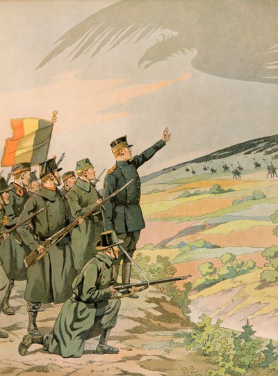 Jacques Marie Gaston Onfroy de Breville dit JOB (1858-1931) - Belgiens historie: Kong Albert (1875 - 1934) og den belgiske hær står over for den tyske invasion under Første Verdenskrig, privat samling af pseudonym for Onfray de Breville Jacques Job