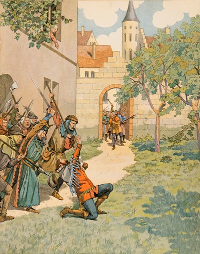 Jacques Marie Gaston Onfroy de Breville dit JOB (1858-1931) - Belgiens historie: Jacques (Jacob) Van Artevelde (1287 - 1345) siger, at den kloge mand fra Gent falder under befolkningens slag, privat samling af pseudonym for Onfray de Breville Jacques Job
