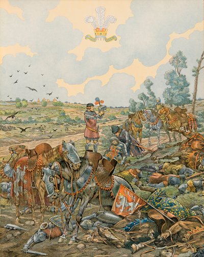 Jacques Marie Gaston Onfroy de Breville dit JOB (1858-1931) - Belgiens historie: John 1, greve af Luxembourg dit l Blind (1296 - 1346) falder i slaget ved Crecy den 26. august 1346, privat samling af pseudonym for Onfray de Breville Jacques Job