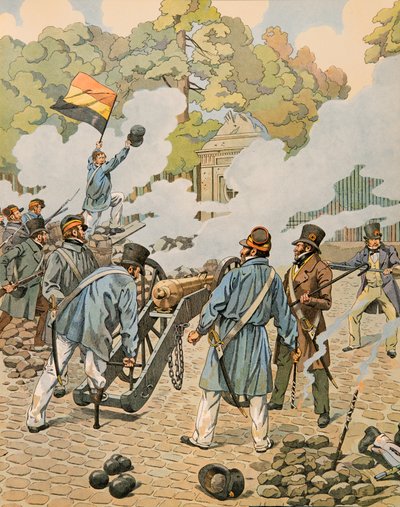 Jacques Marie Gaston Onfroy de Breville dit JOB (1858-1931) - Belgiens historie: Jean Joseph Charlier (1794 - 1866) siger, at træbenet peger sit stykke artilleri mod de hollandske tropper, der var samlet i parken i Bruxelles i september 1830, menig Col af pseudonym for Onfray de Breville Jacques Job