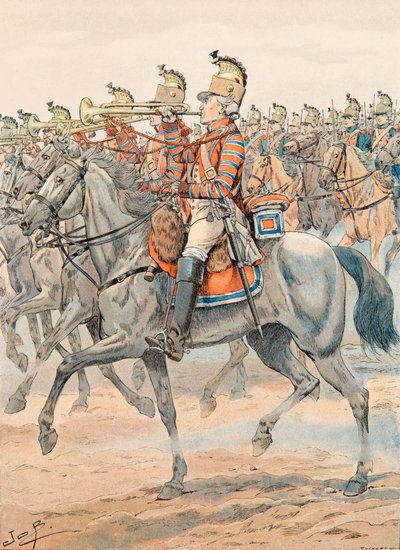 Jacques Marie Gaston Onfroy de Breville dit JOB (1858-1931) - Udrustning af de franske tropper til enhver tid: Trompet fra Orleans Regiment - Dragons (1781), Privat Samling af pseudonym for Onfray de Breville Jacques Job