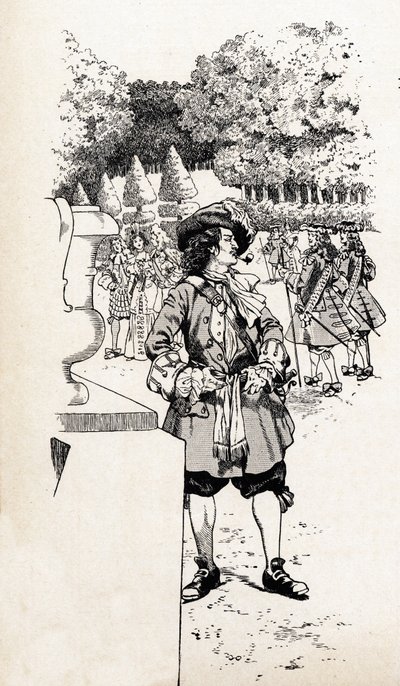 Kong Ludvig XIV af Frankrig kaldte kong Soleil (1638-1715) med sine hofmænd i Versailles haver. Illustration af Job (Jacques Marie Gaston Onfray og Breville) (Jacques-Marie) (1858-1931) til bogen "De store historiske ord i landet Frankrig" af pseudonym for Onfray de Breville Jacques Job