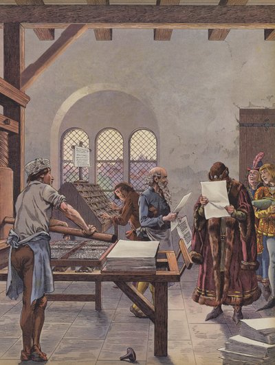 Kong Ludvig XI læser et dokument trykt på en presse (farve litho) af pseudonym for Onfray de Breville Jacques Job