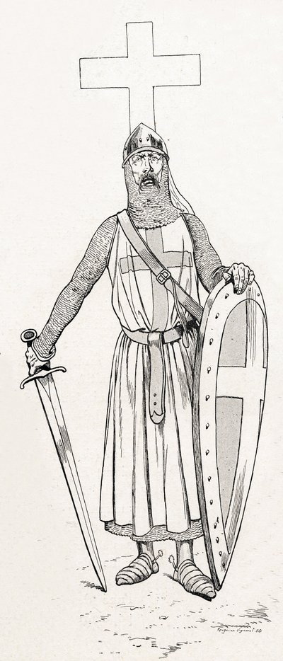 Ridder af Ludvig IX kendt som Saint Louis (1214-1270) i ​​korstogsdragt. Illustration af Job (Jacques Marie Gaston Onfray og Breville) (Jacques-Marie) (1858-1931) til bogen "Les grands mots historique du pays de France"" 1915. Privee Collection. af pseudonym for Onfray de Breville Jacques Job