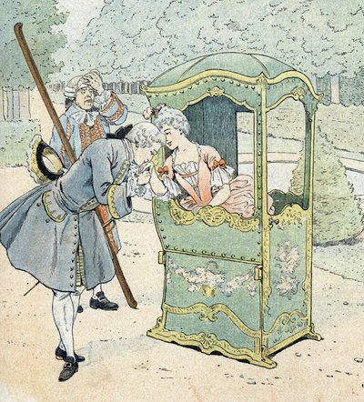Dame af adelen i det 18. århundrede, i en stol med portører, der modtager kyssehånden af pseudonym for Onfray de Breville Jacques Job