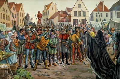 Mary of Bourgogne (1457-1482), hertuginde af Bourgogne krævede benåd for sine rådgivere i 1477. Illustration af Jacques Marie Gaston Onfray de Breville dit JOB (1858-1931) i "" Louis XI""" af pseudonym for Onfray de Breville Jacques Job