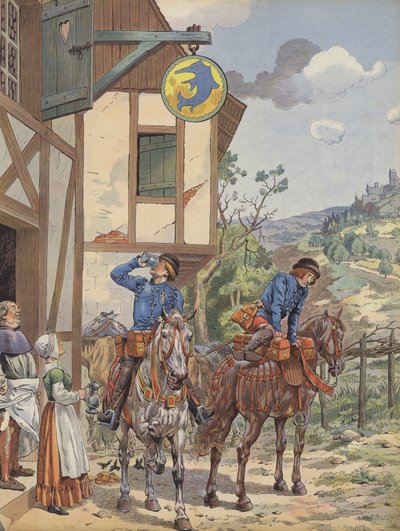 Budbringere tager forfriskning på en kro ved vejkanten (farve litho) af pseudonym for Onfray de Breville Jacques Job