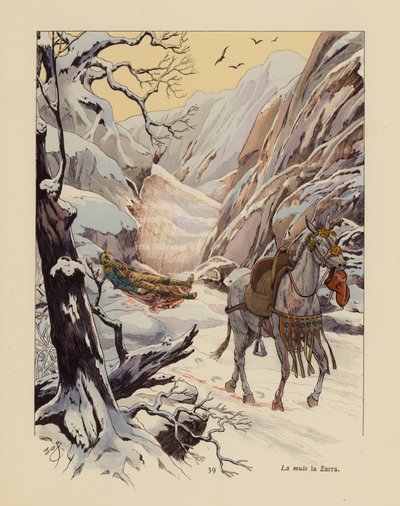 Muldyret La Zarra tilkalder hjælp til sin sårede herre (farvelitografi) af pseudonym for Onfray de Breville Jacques Job
