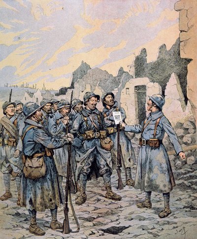 Mytteri i den franske hær på vestfronten, april-maj 1917 (farve litho) af pseudonym for Onfray de Breville Jacques Job