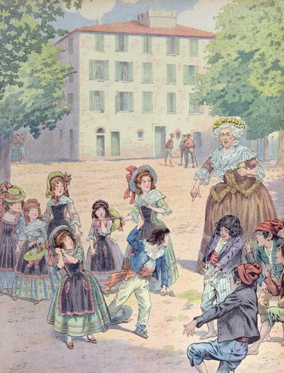 Napoleon Bonaparte (1769-1821) som barn i en strid med sine kammerater foran sit hjem i Ajaccio, Korsika, ca. 1910 (farve litho) af pseudonym for Onfray de Breville Jacques Job