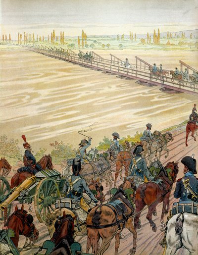 Napoleon I Bonaparte (1769-1821) og hans hær passerede Rhinen den 1. oktober 1805. I "" Napoleon"" af Georges Montorgueil. Illustration af Jacques Marie Gaston Onfray de Breville dit JOB (1858-1931) af pseudonym for Onfray de Breville Jacques Job