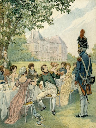 Napoleon I Bonaparte (1769-1821) under en frokost i haven ved slottet Malmaison. Illustration af Jacques Marie Gaston Onfray de Breville dit JOB (1858-1931). Privat samling af pseudonym for Onfray de Breville Jacques Job
