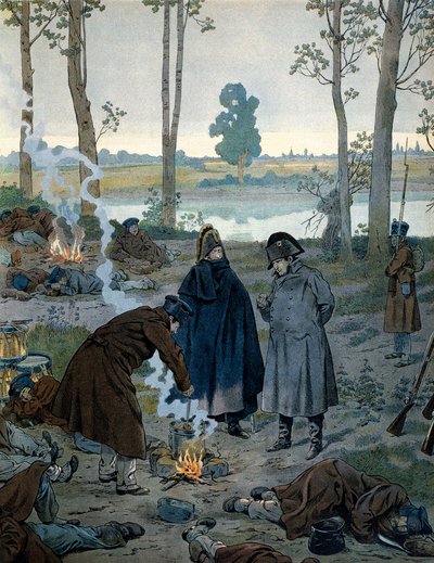 Napoleon I Bonaparte (1769-1821) i bivuakkerne på tærsklen til slaget ved Waterloo i 1815. I "" Napoleon"" af Georges Montorgueil. Illustration af Jacques Marie Gaston Onfray de Breville dit JOB (1858-1931) af pseudonym for Onfray de Breville Jacques Job