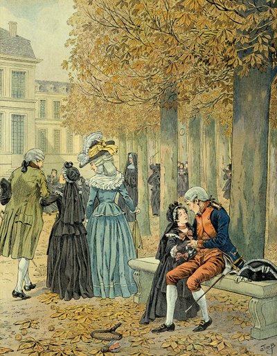 Napoleon I Bonaparte (1769-1821) besøgte sin søster Elisa Bonaparte (1777-1820) i kongehuset Saint Cyr (Saint-Cyr). Illustration af Jacques Marie Gaston Onfray de Breville dit JOB (1858-1931) af pseudonym for Onfray de Breville Jacques Job