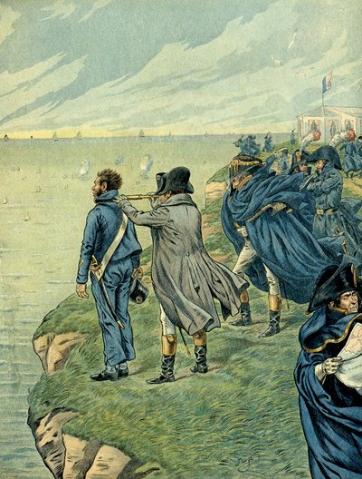 Napoleon I Bonaparte (1769-1821) besøgte Boulognelejrens arsenal i juli 1804. Illustration af Jacques Marie Gaston Onfray de Breville dit JOB (1858-1931). Privat samling af pseudonym for Onfray de Breville Jacques Job