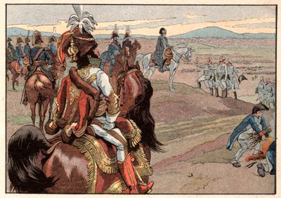 Napoleon I Bonaparte (1769-1821) med Joachim Murat (1767-1815) under overgivelsen af Ulm i 1805. Gravering af Jacques Marie Gaston Onfray de Breville dit Job (1858-1931) af pseudonym for Onfray de Breville Jacques Job
