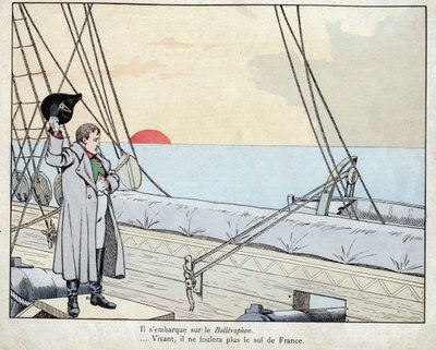 Napoleon ombord på HMS Bellerophon 1815 - litografi af Job (Jacques Onfroy de Breville) fra "" Le Grand Napoleon des Petites Enfants""" 1893 af pseudonym for Onfray de Breville Jacques Job