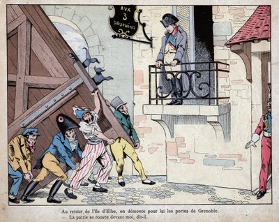 Napoleon samler sine soldater til Grenoble ved sin tilbagevenden fra Elba Island - Byen Grenoble åbner sine porte for Napoleon ved hans tilbagevenden fra eksil på Elba, 7. marts 1815 - litografi af Job (Jacques Onfroy de Breville) fra "" Le Grand Napoleon  af pseudonym for Onfray de Breville Jacques Job