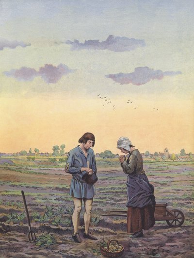 Bønder holder pause fra deres arbejde på markerne til bønner som beordret af kongen (farve litho) af pseudonym for Onfray de Breville Jacques Job