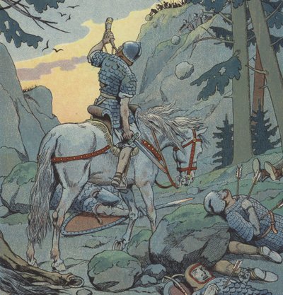 Roland at Ronceveaux (farve litho) af pseudonym for Onfray de Breville Jacques Job