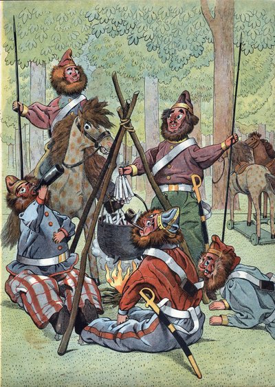Scene fra Frankrigs historie i legetøj: Efter episoden af Ruslands tilbagetog under Napoleonskrigen (1812) opsatte kosakkerne deres bivuak på Champs Elysees i Paris i 1814. I "" Joujoux a l