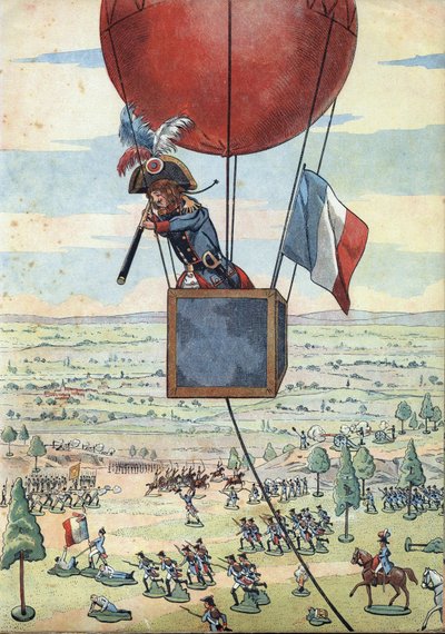 Scene fra Frankrigs historie i legetøj: Slaget ved Fleurus den 26. juni 1794 og den første brug af en observationsballon af kaptajn Jean Marie Joseph (Jean-Marie-Joseph) Coutelle (1748-1835) med en lang udsigt - I " ” Lad os spille en historie: Frankrig is af pseudonym for Onfray de Breville Jacques Job