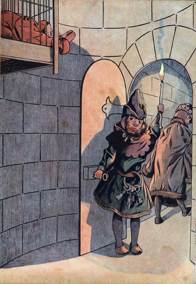 Scene fra Frankrigs historie i legetøj: plot mod kong Ludvig XI (1423-1483) med Charles Le Temeraire, Jean Balue (1421-1491) blev låst inde i 11 år i et af kong Ludvig XI