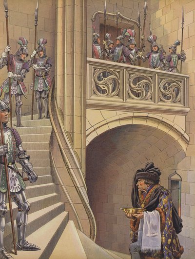 Barberen klatrede op ad trappen mod kongens kammer forbi de talrige bevæbnede vagter (farve litho) af pseudonym for Onfray de Breville Jacques Job