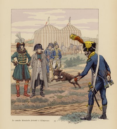 Hunden Moustache præsenteret for Napoleon (farvelitografi) af pseudonym for Onfray de Breville Jacques Job
